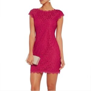 Diane von Furstenberg | Barbara Lace Mini Dress Cap Sleeves Bright Pink Size 10